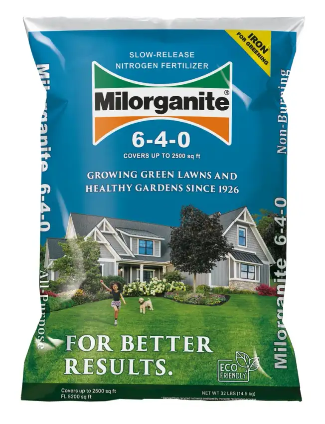Milorganite manufacturer artwork showing the 32 lb fertilizer bag